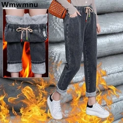 Winter Baggy Warm Fleece Lined Jeans Women Vintage Lace Up Harem Denim Pants Ankle-length Vaqueros Thicken Kot Pantalones New