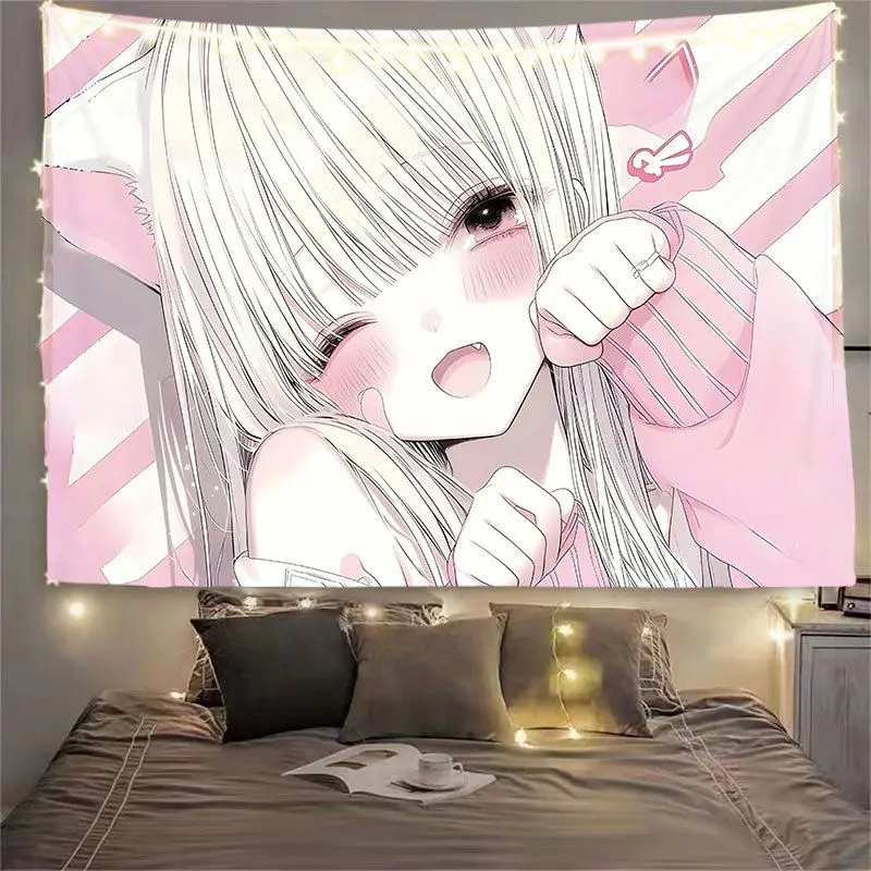 VIKAMA Cute Pink Anime-Style Wall Tapestry, Adorable Decorative Backdrop for Girls' Bedrooms and Living Rooms, Home Decor