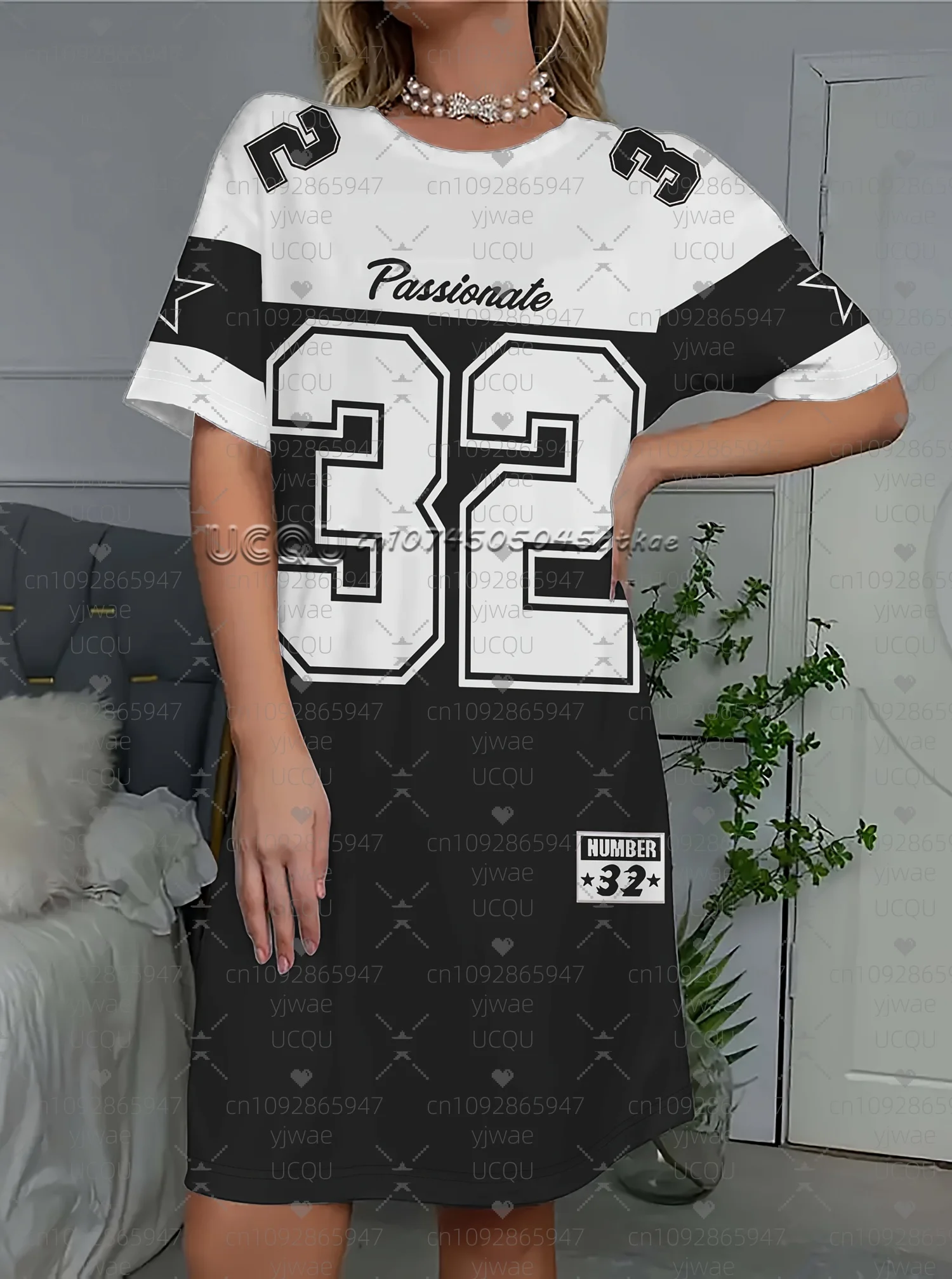 ชุดเดรสเสื้อยืดผู้หญิงฤดูร้อน 2025 ทรงหลวมสบายๆ รุ่น NO.32 PASSIONATE ลายพิมพ์ คอกลม แขนสั้น ชุดนอนลำลอง เสื้อผ้าผู้หญิง