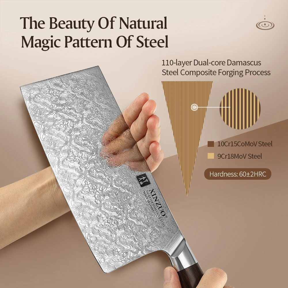 XINZUO 7'' Inches Professional Cleaver Meat Knife  High Carbon 110 Layers Damascus Steel Sharp Meat Vegetable Kitchen Chef Knife