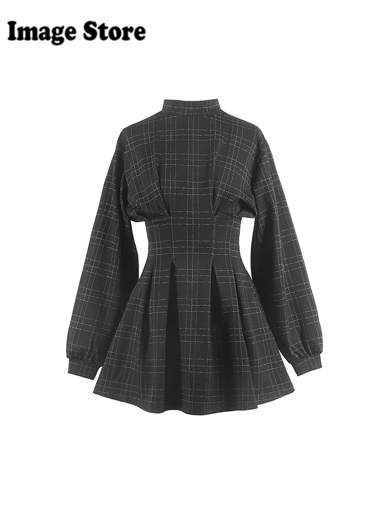 Fall Winter Women Dark Academia Dress Korean Mini Plaid Frocks Long Sleeve Tunic One-Piece 2000s Shoujo Girl Turtleneck Y2k Tide