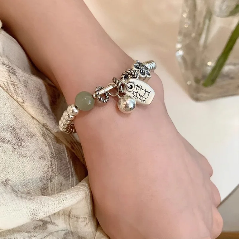 

VENTFILLE 925 Sterling Silver Plum Blossom Bracelet For Women Hotan Jade Bead Lucky Retro Design Jewelry Dropshipping