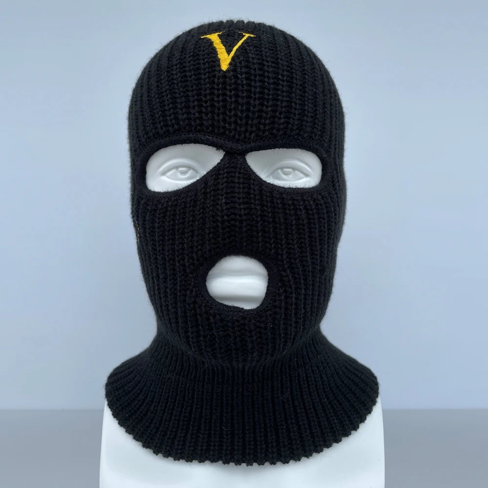 1 PC of V-letter Embroidery Putdoor Cycling Windproof Skiing Full Face Mask Headcover with Ear Protectors Knitted Baraklafar Hat