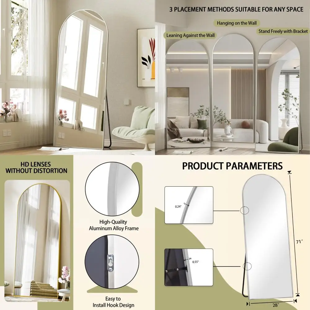 Espelho de chão de comprimento total com parte superior arqueada com suporte, espelho de parede inclinado ou pendurado para quarto, espelhos de arco grande para decoração de casa