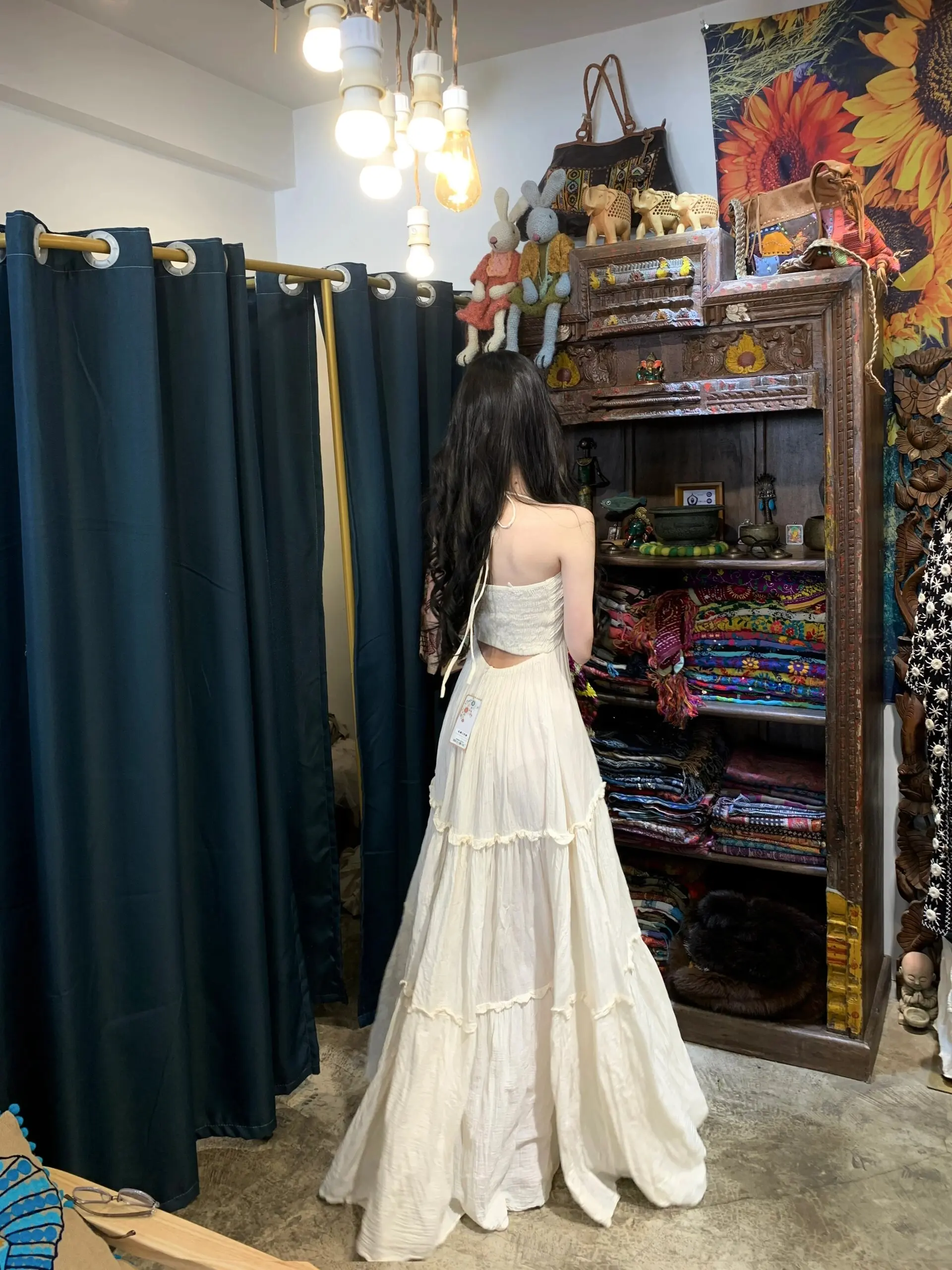 Vestido estilo boêmio em camadas com decote em v, vestido f verão primavera outono viagem vento borda de madeira sinos...