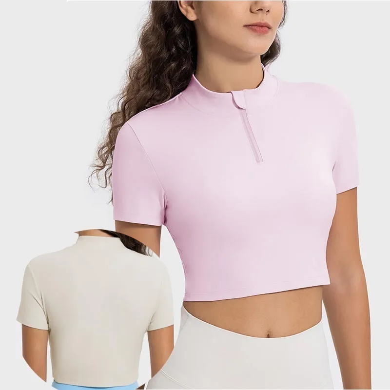 

Women's Hold Tight Straight Hem Cropped Half-zip T-Shirt Soft Four-way Stretch Naturally Breathable Short Sleeve Yoga Shirt