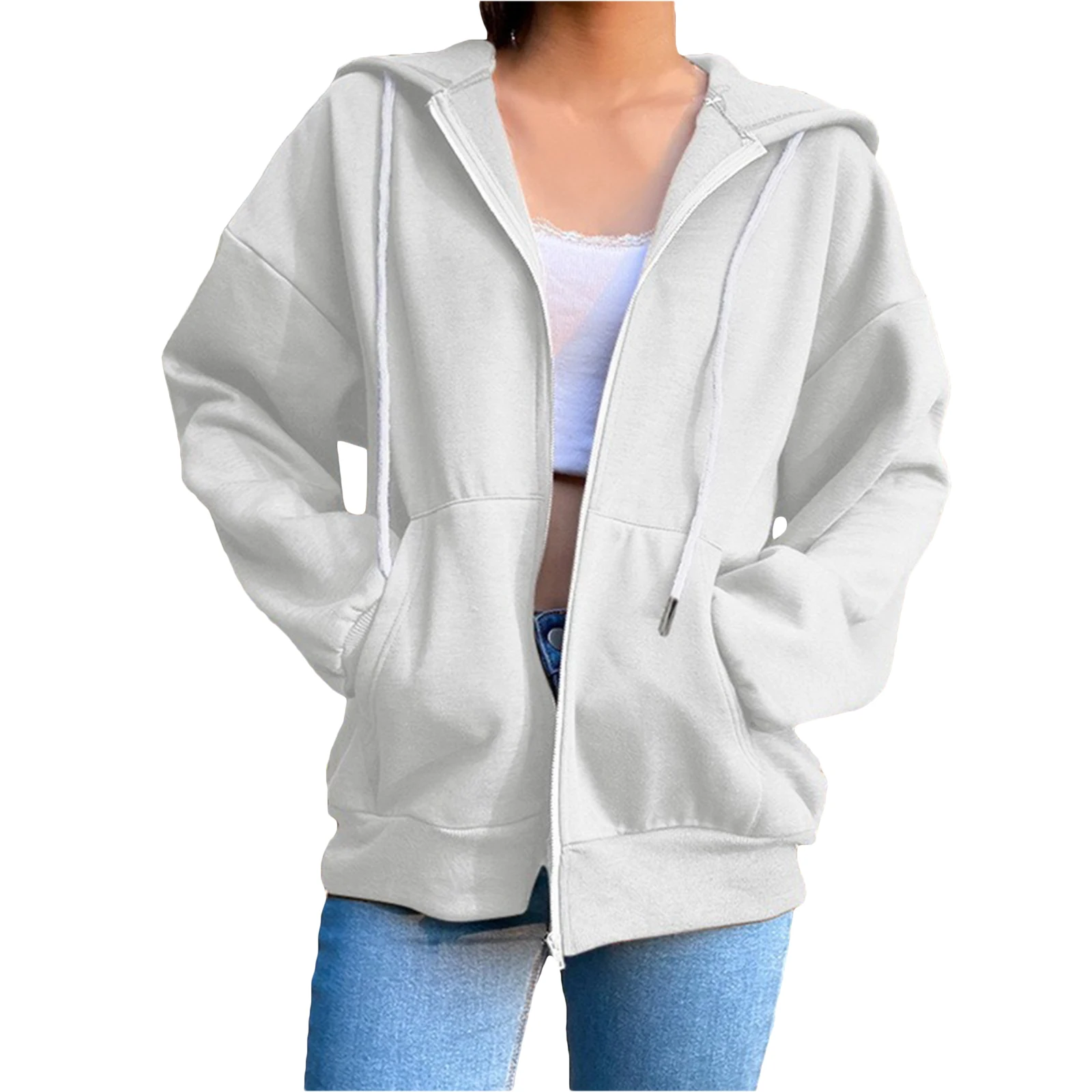 

Women s Loose Zip Up Hoodies Long Sleeve Solid Color Plush Lined Hooded Sweatshirts