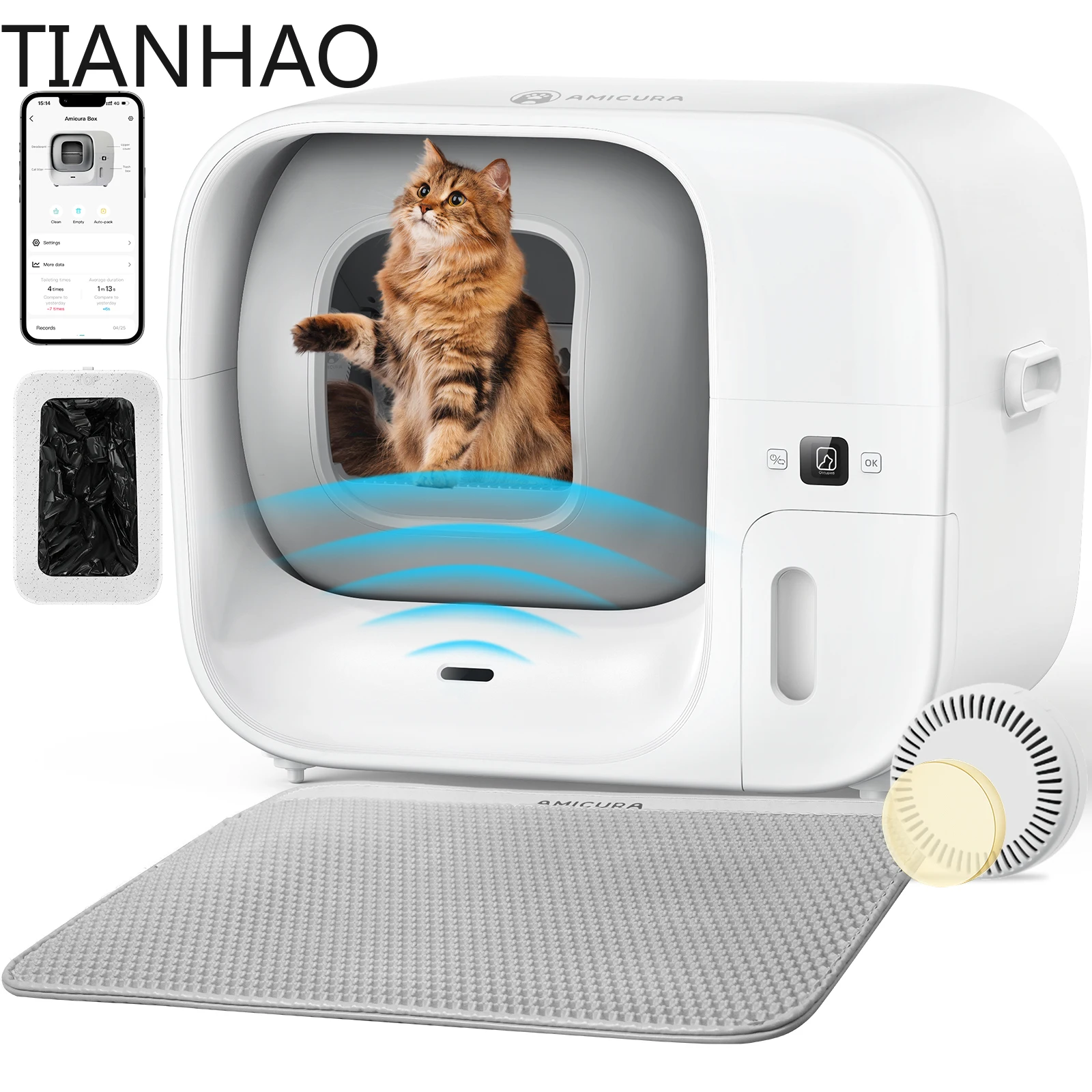 Amicura Cura 3 Self-Cleaning Cat Litter Tray Automatic Cat Litter Tray Odour Control TÜV-Certified App Control 60 L Large