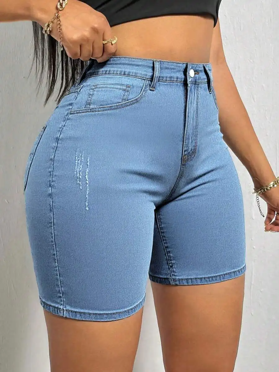 

Womens Summer Casual Cat Whisker Denim Shorts Slim Fit High Waist Elastic