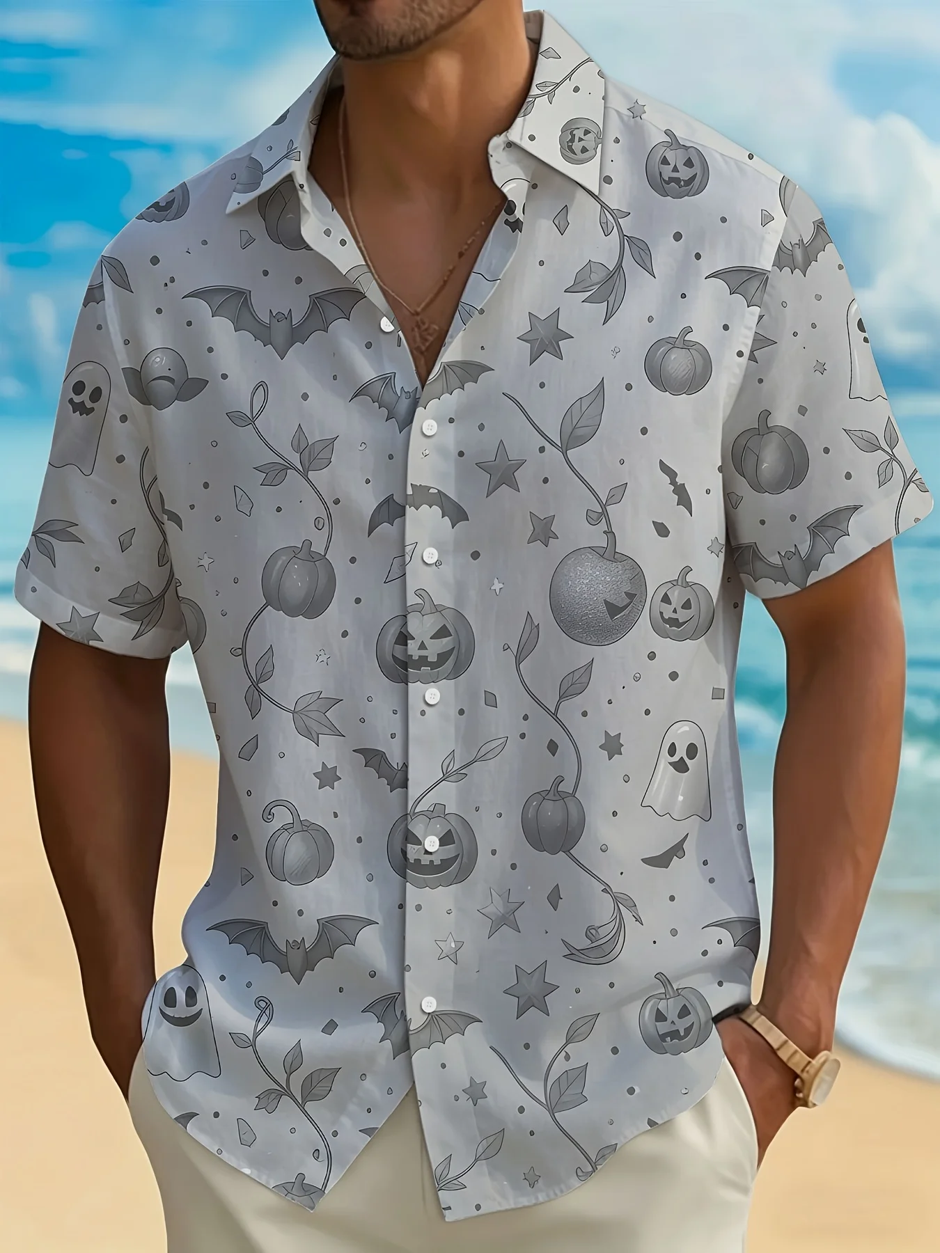 Men's Hawaiian Short Sleeve Shirt Vintage Sketch Halloween Pumpkin Ghost Print Turn Down Collar Casual Holiday Top Mens Clothing