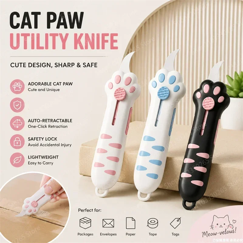 Cat Paw Utility Knife Auto Retractable Safety Lock Mini Portable Box Cutter For Home Office Package Opening