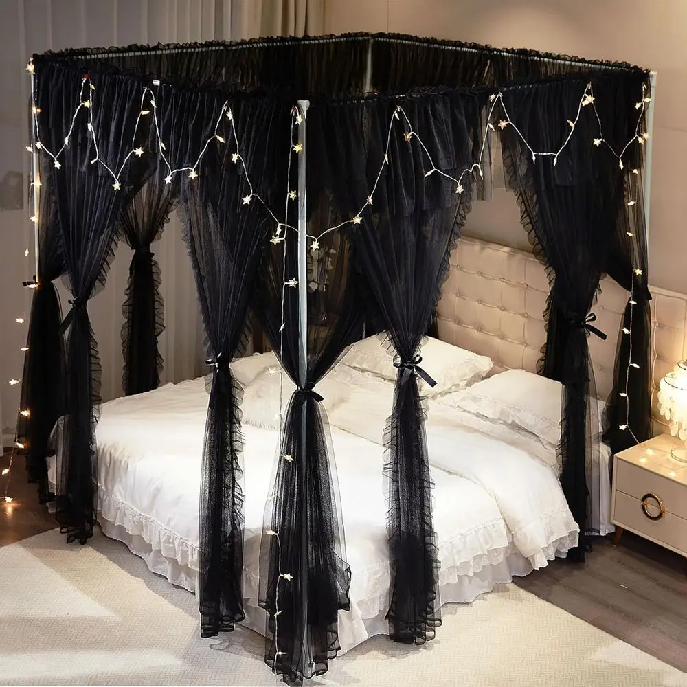 8-Panel Princess Canopy Curtains for Girls' Bed - Double Layer Mesh Drapes, Full Size (Black)