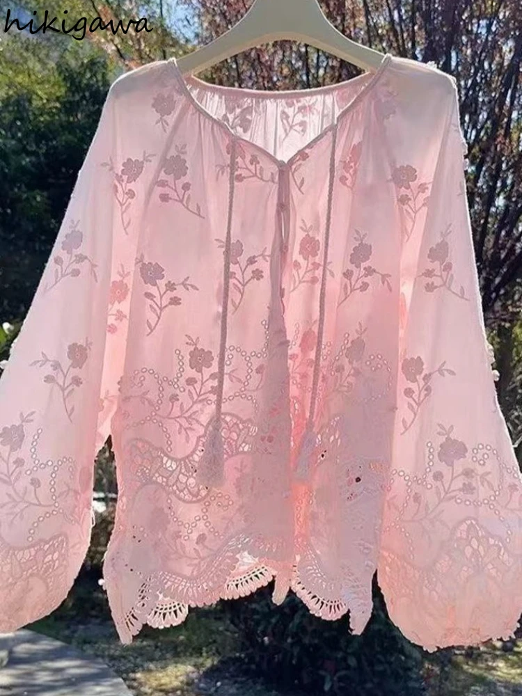 

Sweet Pink Women Shirts 2025 Camisas De Mujer Long Sleeve Loose Blouses Vintage Summer Tops Hollow Out Floral Chic Korean Blouse