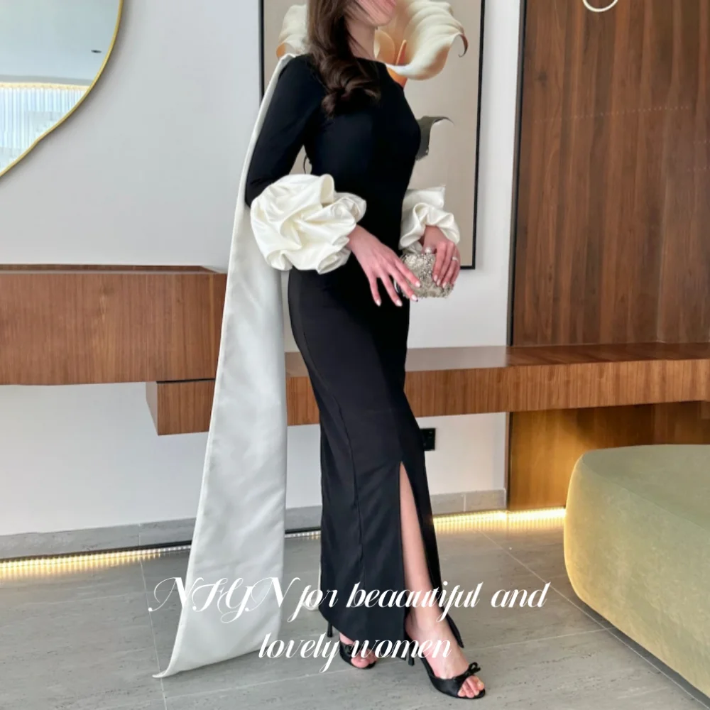 

NFYN Black and White Elegant Prom Gown O-Neck Puff Sleeve Party Dresses Split Mermaid Evening Dresses robes de soirée Customized