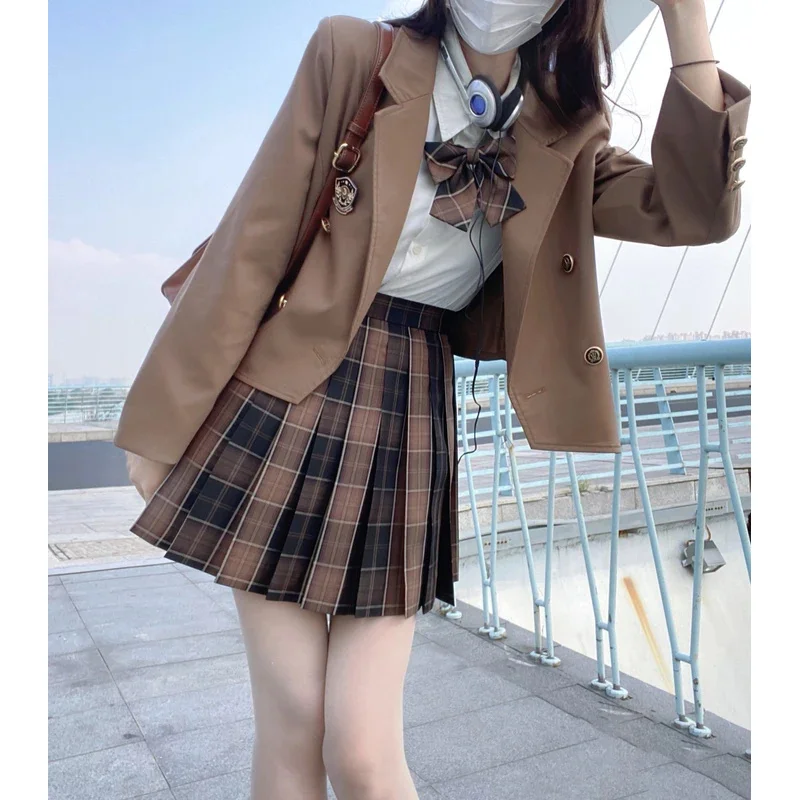 Traje de uniforme escolar JK de manga larga para otoño e invierno, faldas plisadas a cuadros de cintura alta, ropa para mujeres, estudiantes y niñas