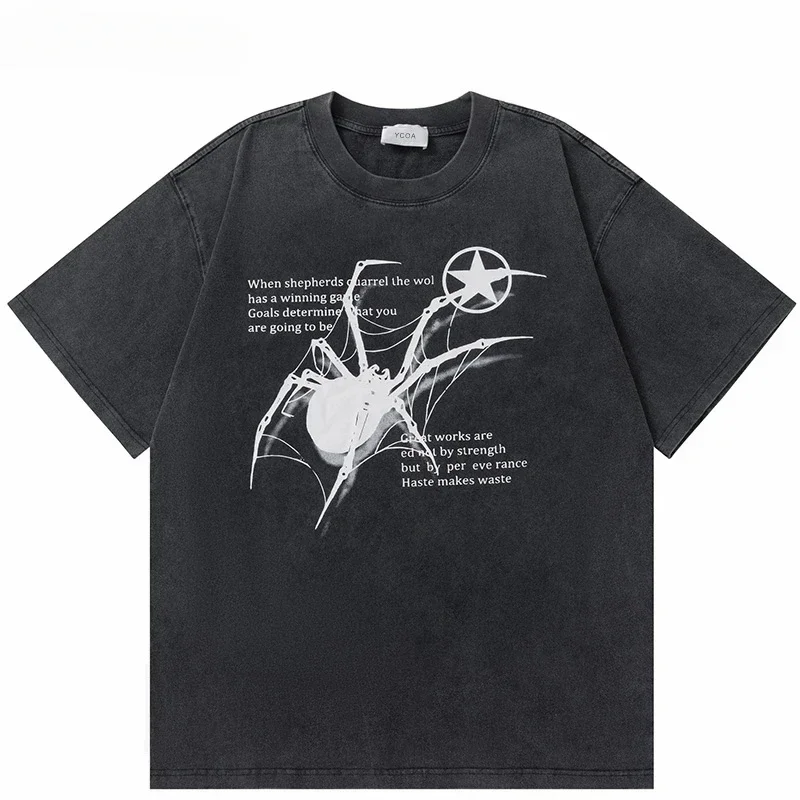 

Men T-Shirt Streetwear Hip Hop Oversized Y2k Washed Black Spider Graphic Harajuku Gothic Vintage Cotton Tops Tees Loose Clothes