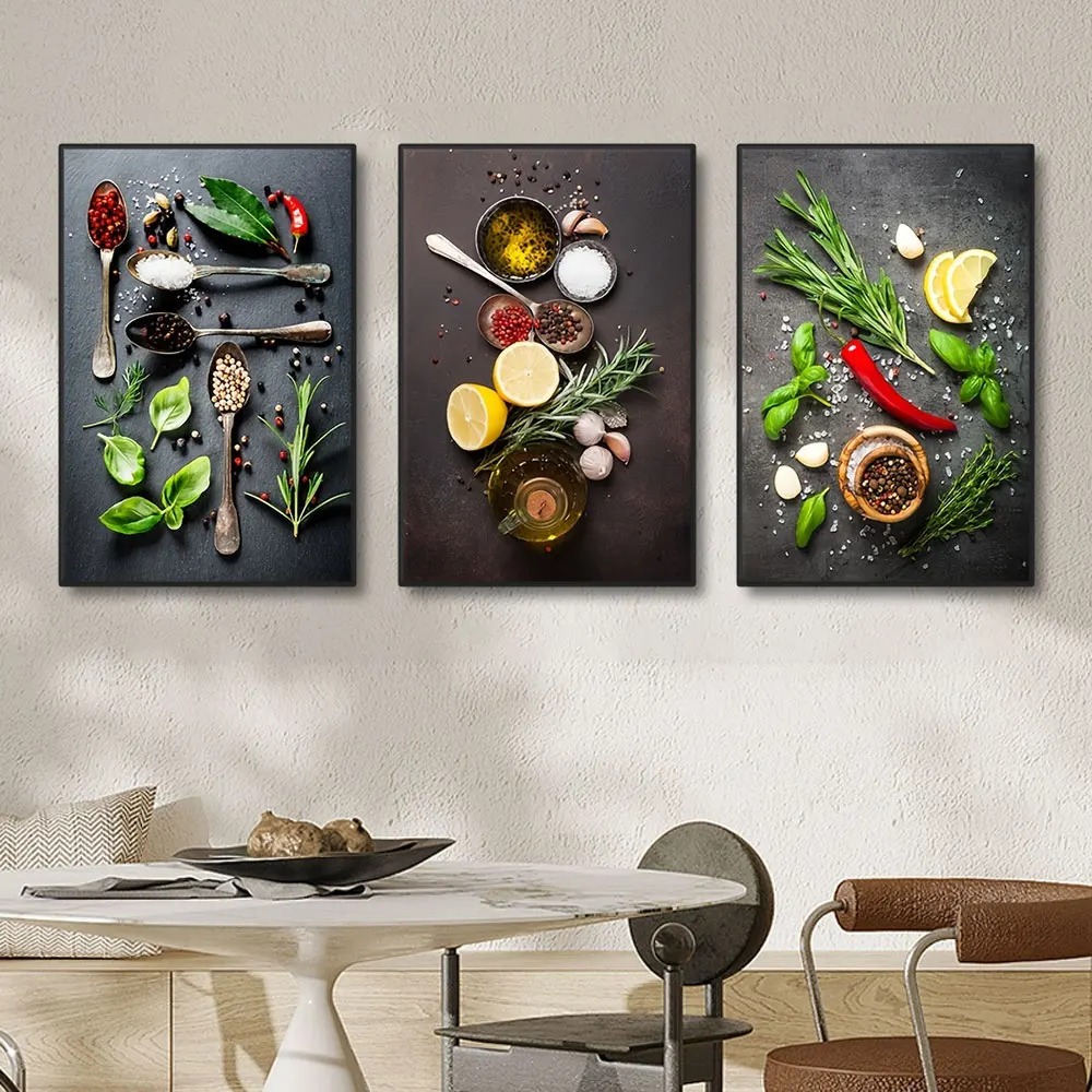 3pcs Kitchen Theme Mix Herb And Spices Canvas Art Poster Impressionist Art Decor Painting For Dinning Room Wall Art Decoration