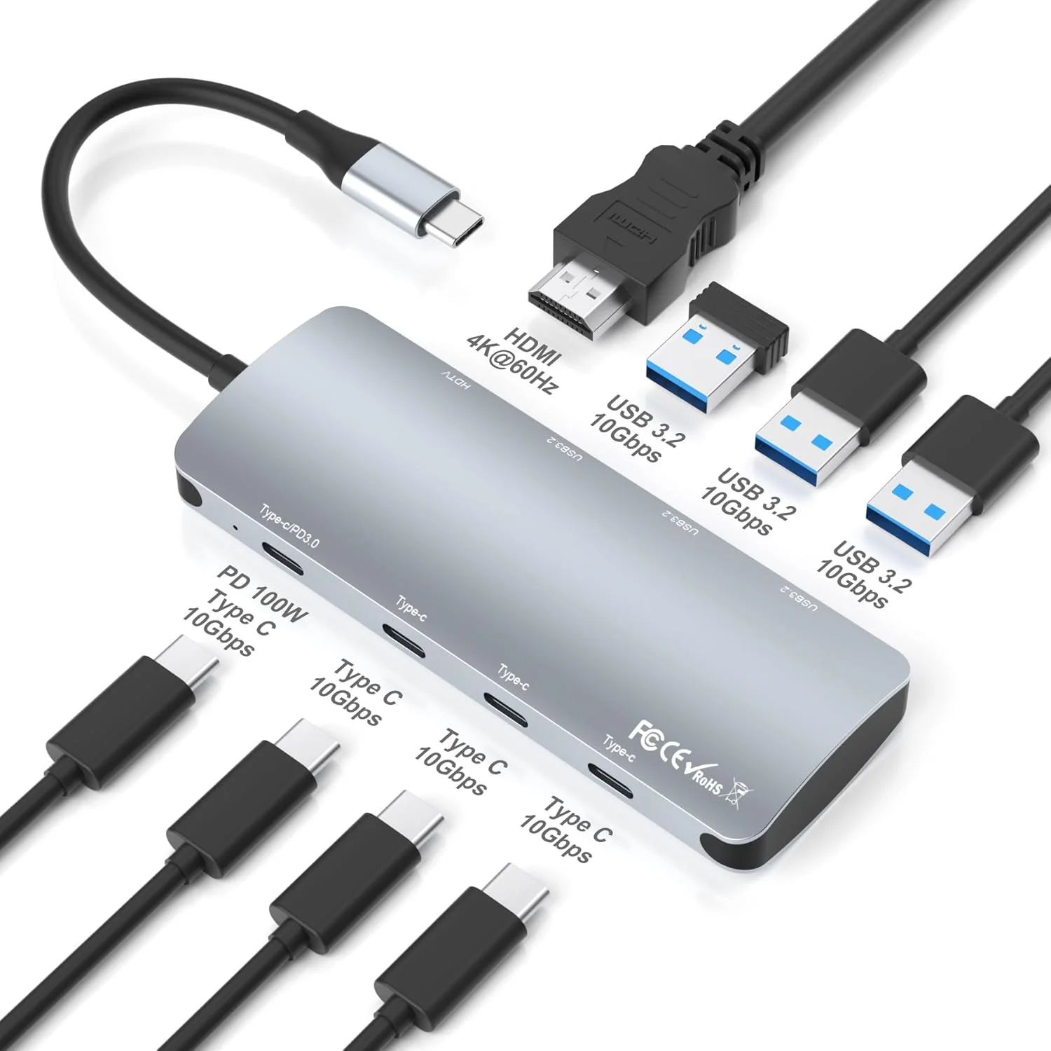 

USB-концентратор 10 Гбит/с, 4K HDMI USB C 3,2 Gen 2, совместимый с MacBook Pro/Air Chromebook