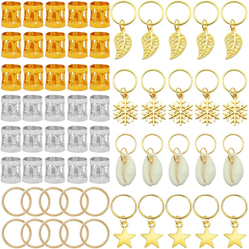 Metal Dreadlock Braid Extension Rings 80pcs Star Leaf Shell Charms for DIY Hair Clips Small Braid Decor Festival