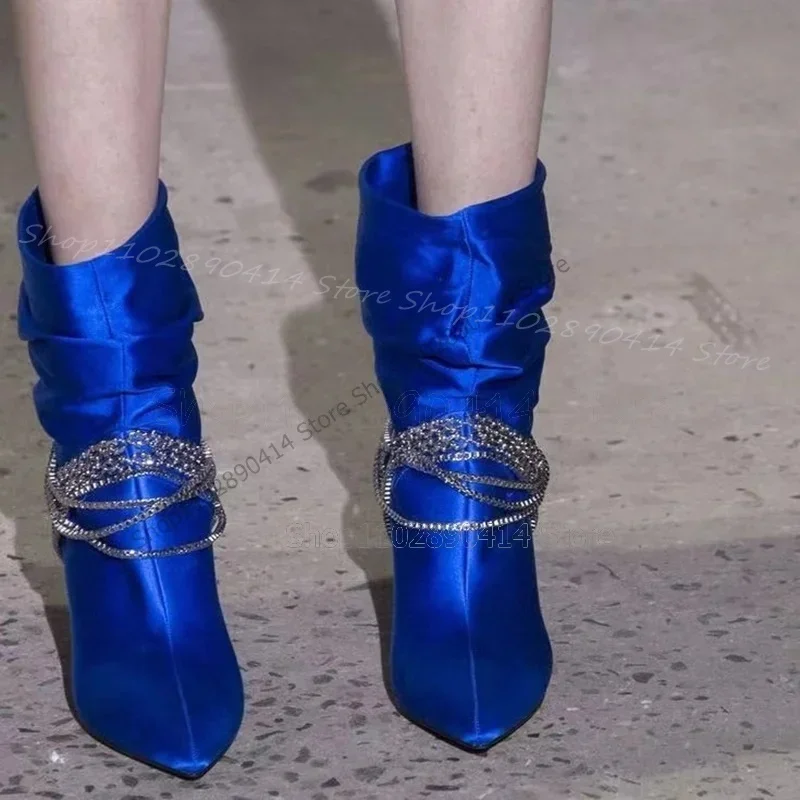 

Chain Decor Blue Silk Pointy Toe Runway Boots Slip On Women Shoes Thin High Heels Fashion Party Banquet 2025 Zapatos Para Mujere