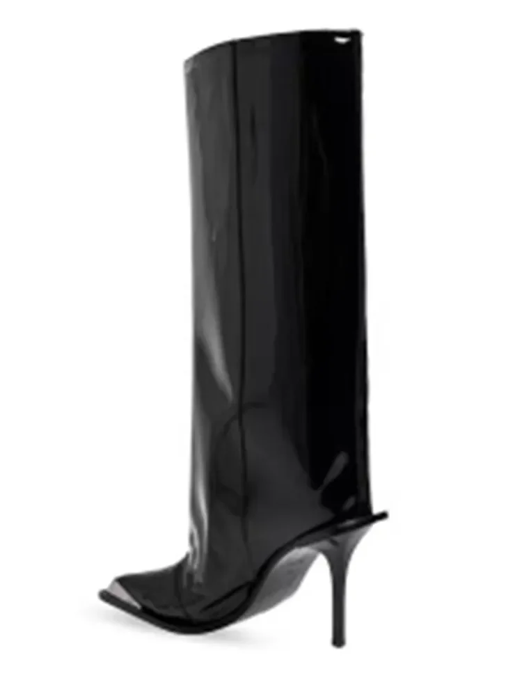 Autumn and Winter New Metal Pointed Patent Leather Knee High Boots, Slim High Heels, Wide Tube Women\'s Oversized Boots