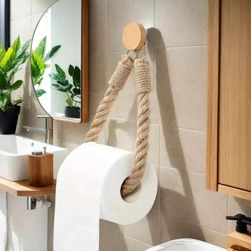 

1-10PCS Jute Rope Tissue Holder Wooden Towel Rack No Drill Paper Towel Organizer Bathroom Storage Shelf Bathroom Organizer Rack