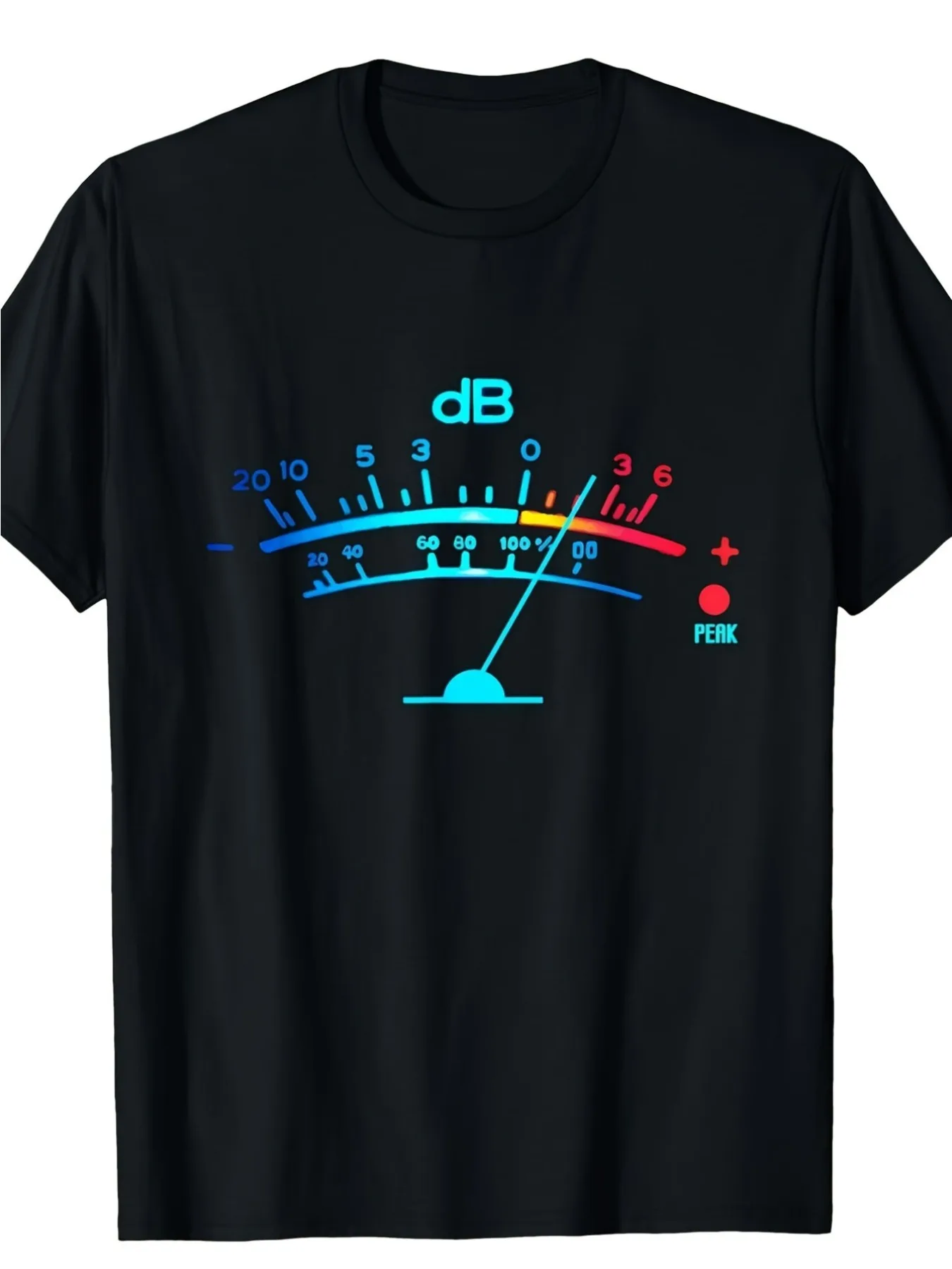 Men's Vintage Audio Engineer T-Shirt with Retro VU Meter Graphic - Blue & Red Sound Level Meter, Ultra-Soft Breathable Crew Neck