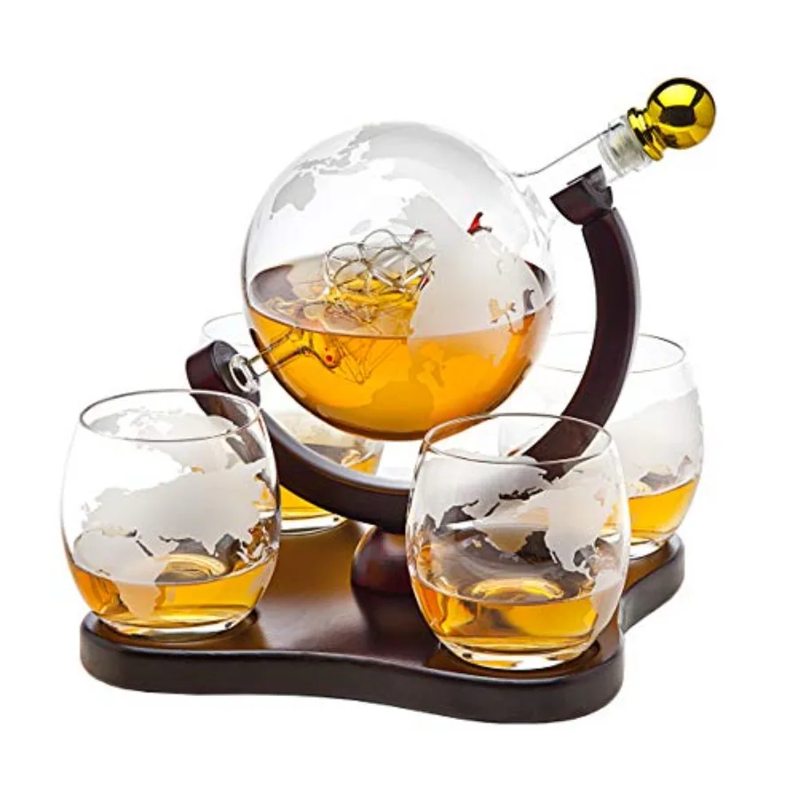

Whiskey Decanter Globe Set with 4 Etched Glasses for Liquor Scotch Bourbon Vodka Gifts for Men - 850ml Clear