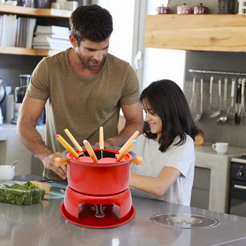 BEAU-Red Mini Stainless Steel Fondue Pot Set Cheese Chocolate Fondue 6 Dipping Forks And Removable Pot Melts Candy Sauce Dip