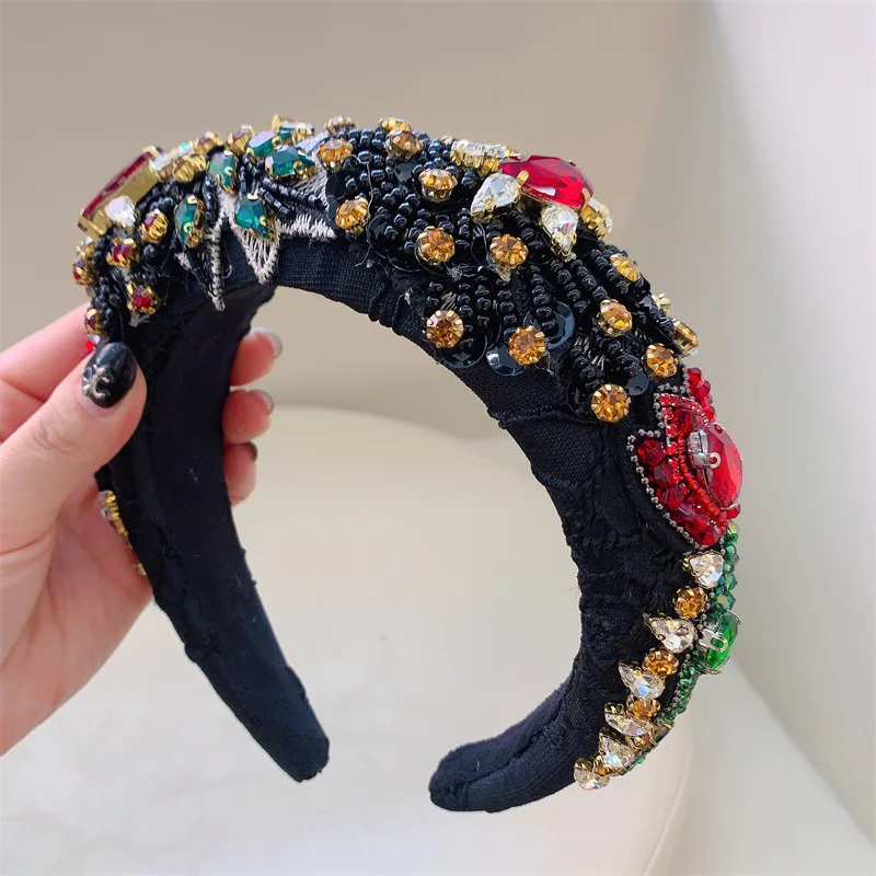 Pink Red Hair Hoops Retro Baroque Rhinestone Handmade Head Hoops Women\'s Style Fashion High Grade Sponge Hair Accessories