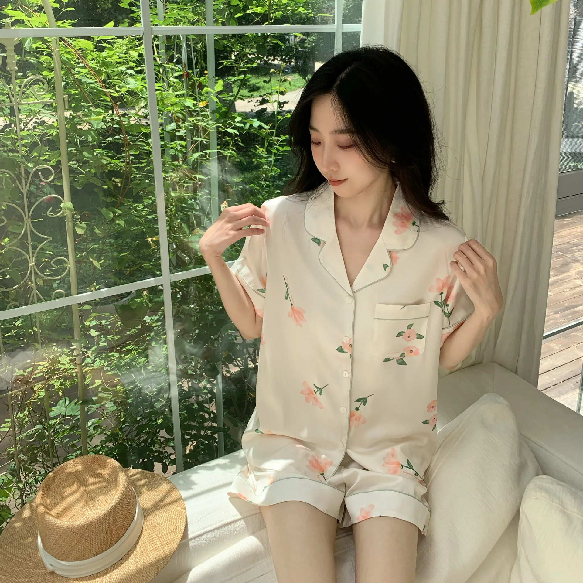 Womens Silk Satin Pajamas Loungewear Two-piece Sleepwear Button-Down Short Sleeve Pj Set