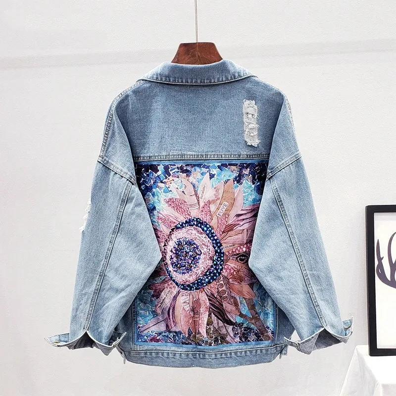 

2024 Street Wear Style Printed Denim Jacket for Girls Diamond Hole Spring/Fall Casual BF Denim Outerwear for Girls