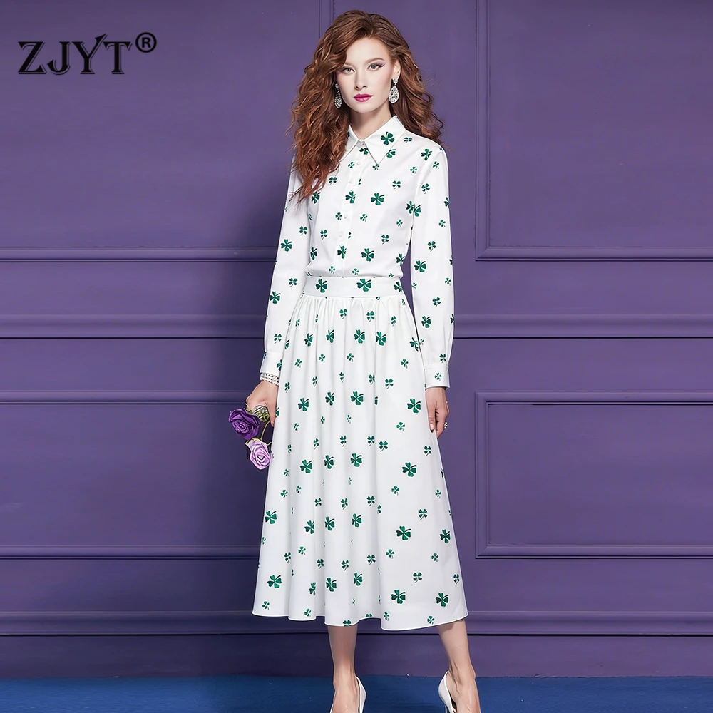 

ZJYT Spring Summer 100% Cotton Dress Sets Blouse with Skirt Suit 2 Piece Clothing Sets Women Print Holiday Casual Outfit Lady
