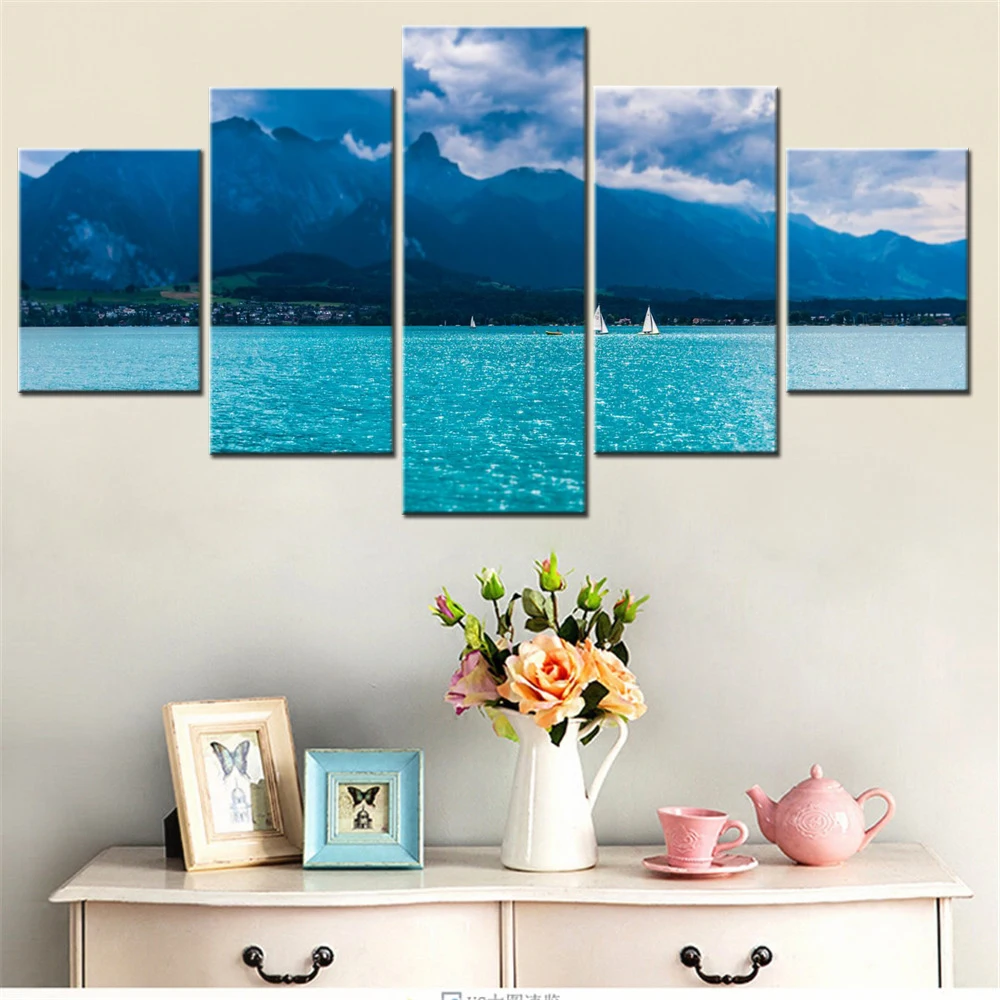 

5 Pieces Canvas Wall Arts Landscape Poster Painting Nature Lake Thun Mountains Wallpaper Home Decor nterior Picture Printing I
