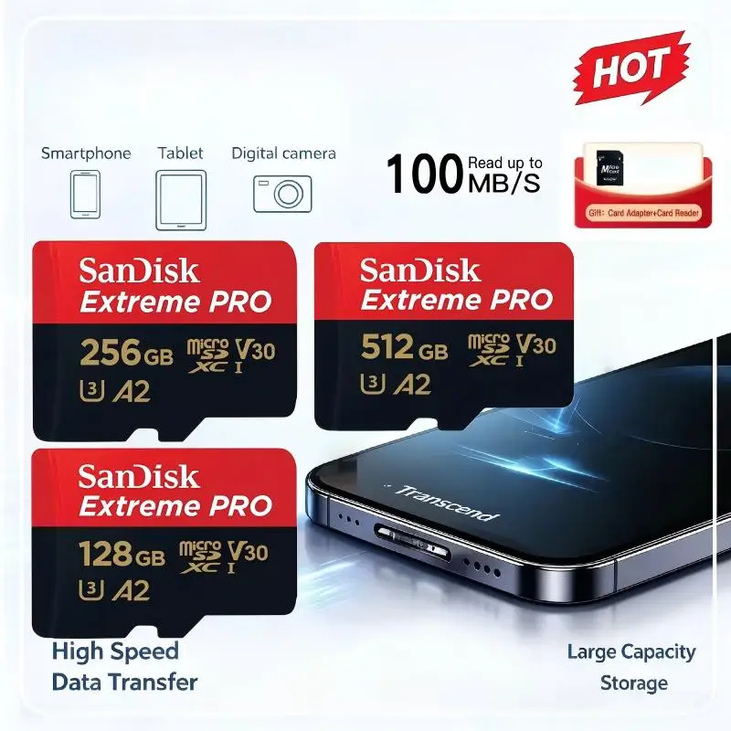 Oryginalna karta pamięci 32 GB–512 GB, klasa A2, U3, V30, szybka karta TF, klasa 10, do przechowywania plików w urządzeniach mobilnych.