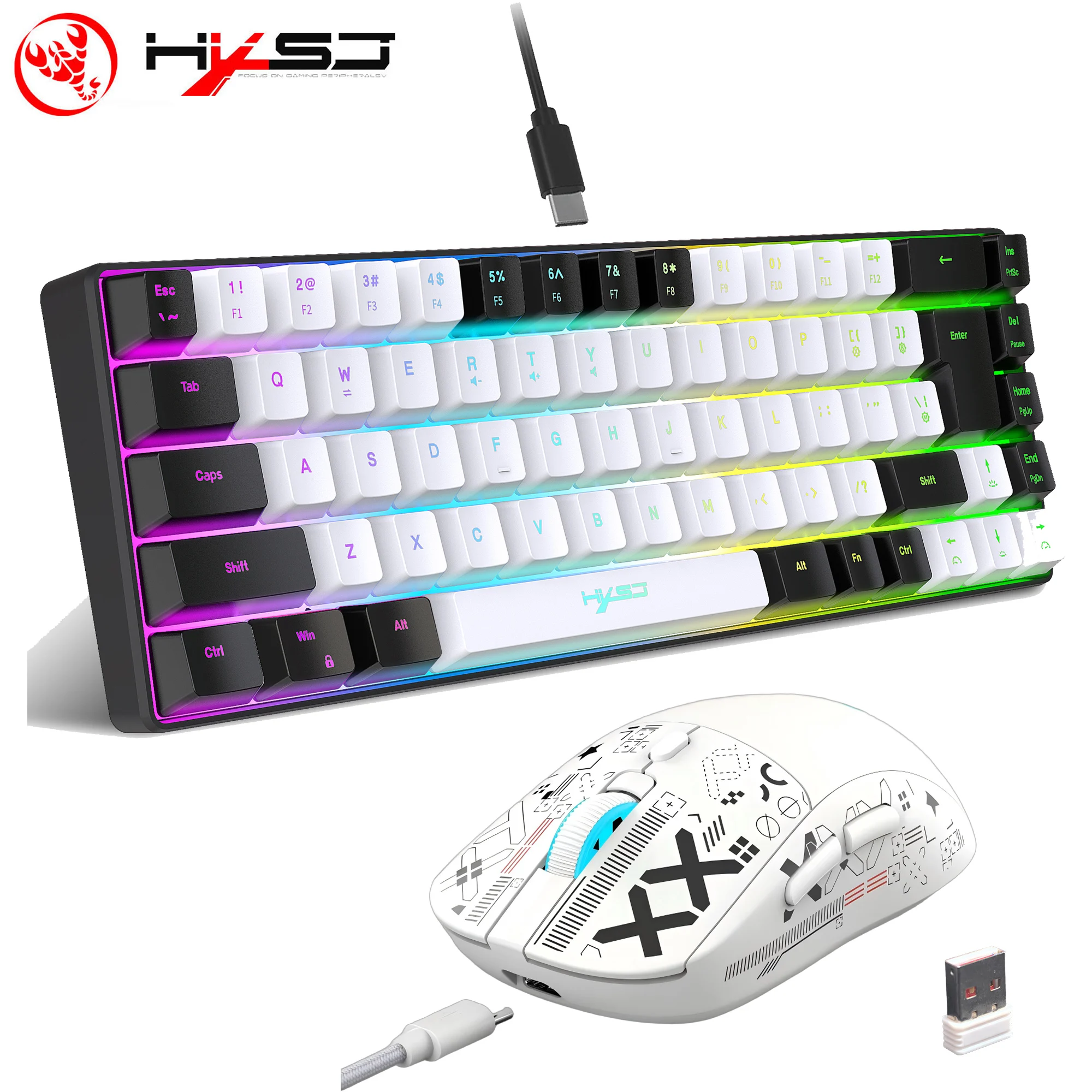 HXSJ 60% Gaming Keyboard and mouse combos RGB backlit wired 68-key membrane keyboard 3-mode wireless mouse for laptop PC Mac