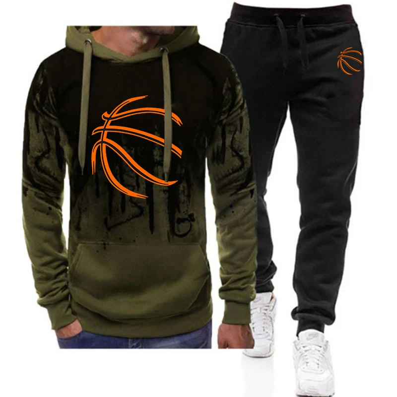 

2025 Basketball pattern Print New Men Fashion Casual Spring And Autumn Gradient Color Durable Hoodie + Sweatpant Suit