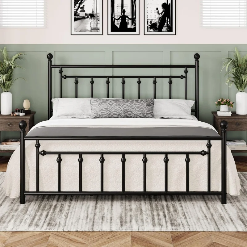 King Size Vintage Metal Platform Bed Frame, 14 Inch Height with Victorian Style Headboard and Footboard, Black Bed Frame