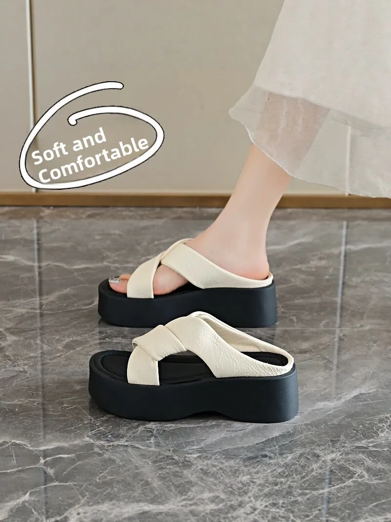 見事な厚底ヒールサンダル-レディース-夏用-アウトドアウェア-新作-ファッション-滑り止め-ビーチ-ワンストラップスリッパ-サイズ34-クロスバックル