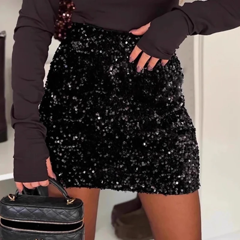 Sequin elastic waist high waist street commuting mini skirt sweater set casual daily solid color soft sweater set