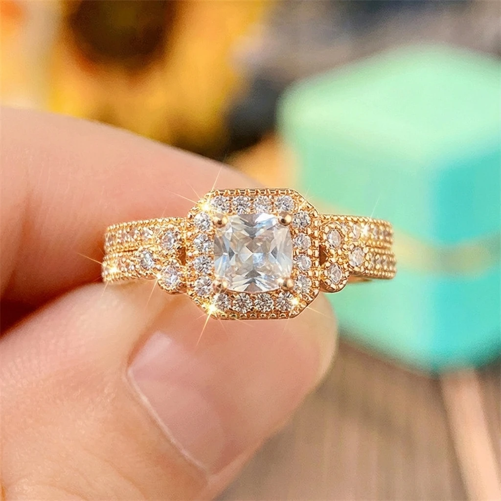 2-teiliges Reise-Ringset für Damen: Messing-Zirkon-Kissen-Halo-Verlobungsring-Alternative mit Pavé-Band – Sorgenfreier Schmuck – Detail 5