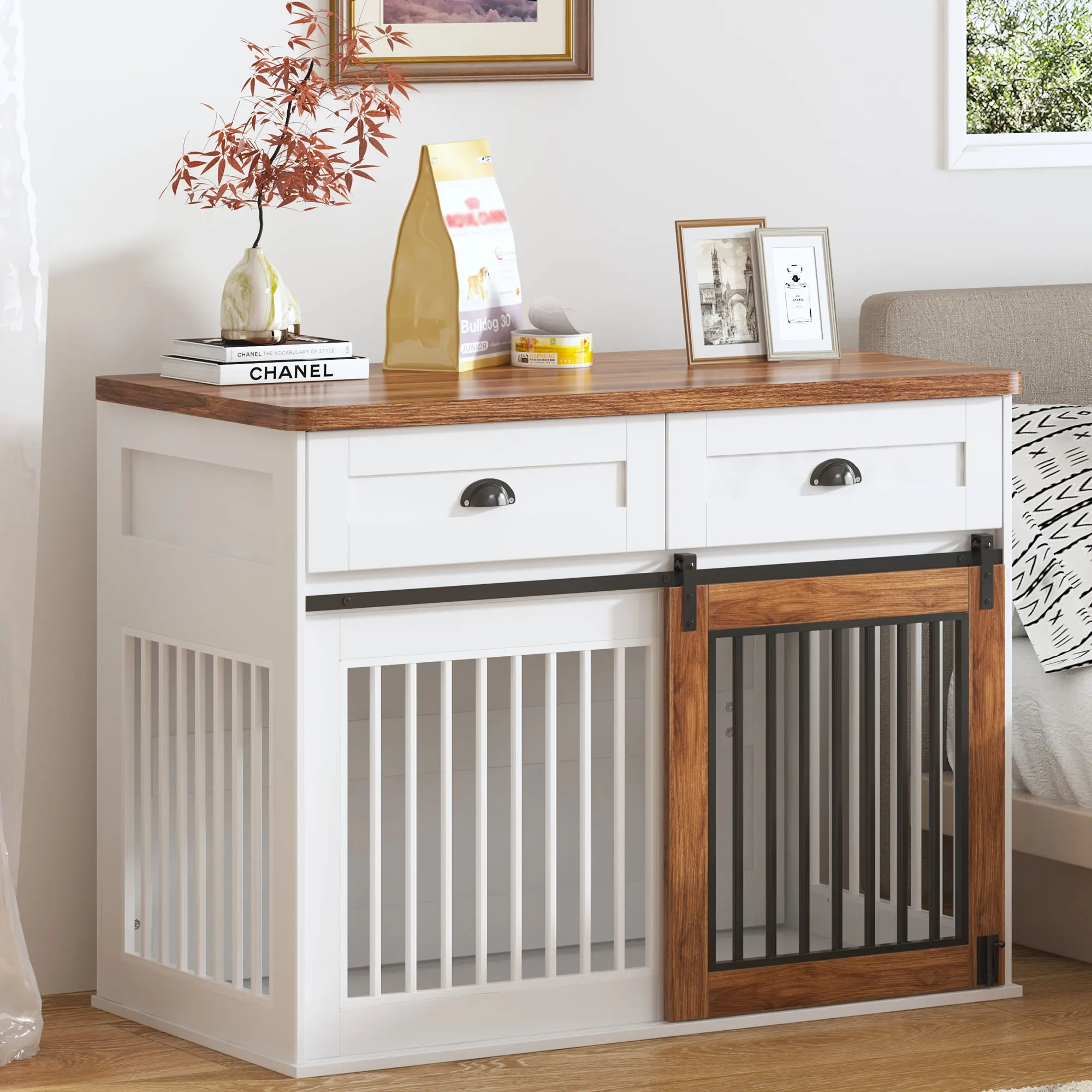 

Heavy Duty Furniture Style Dog Crate Two Separate Drawers Large Storage Space Thicken Desktop Wooden Double Door Sideboard