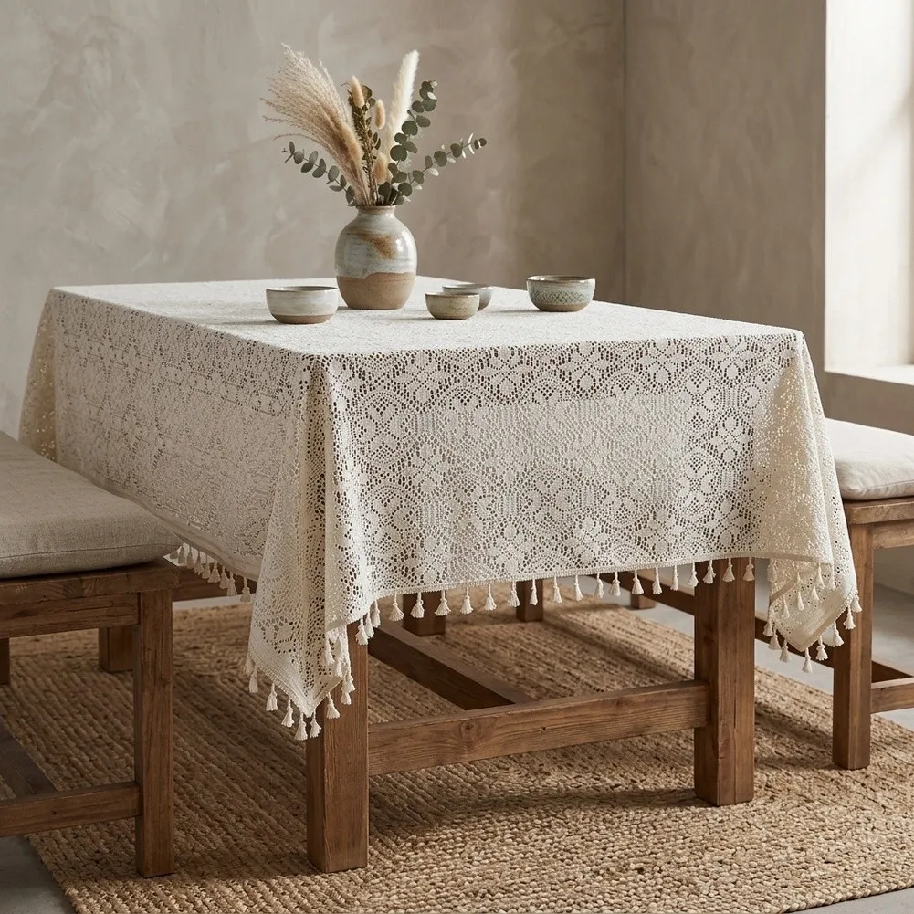 Breathable Knitted For Table Cover with Decorative Tassel Fringe and Non Slip Base for For Table Use 150x150CM 150x220CM White