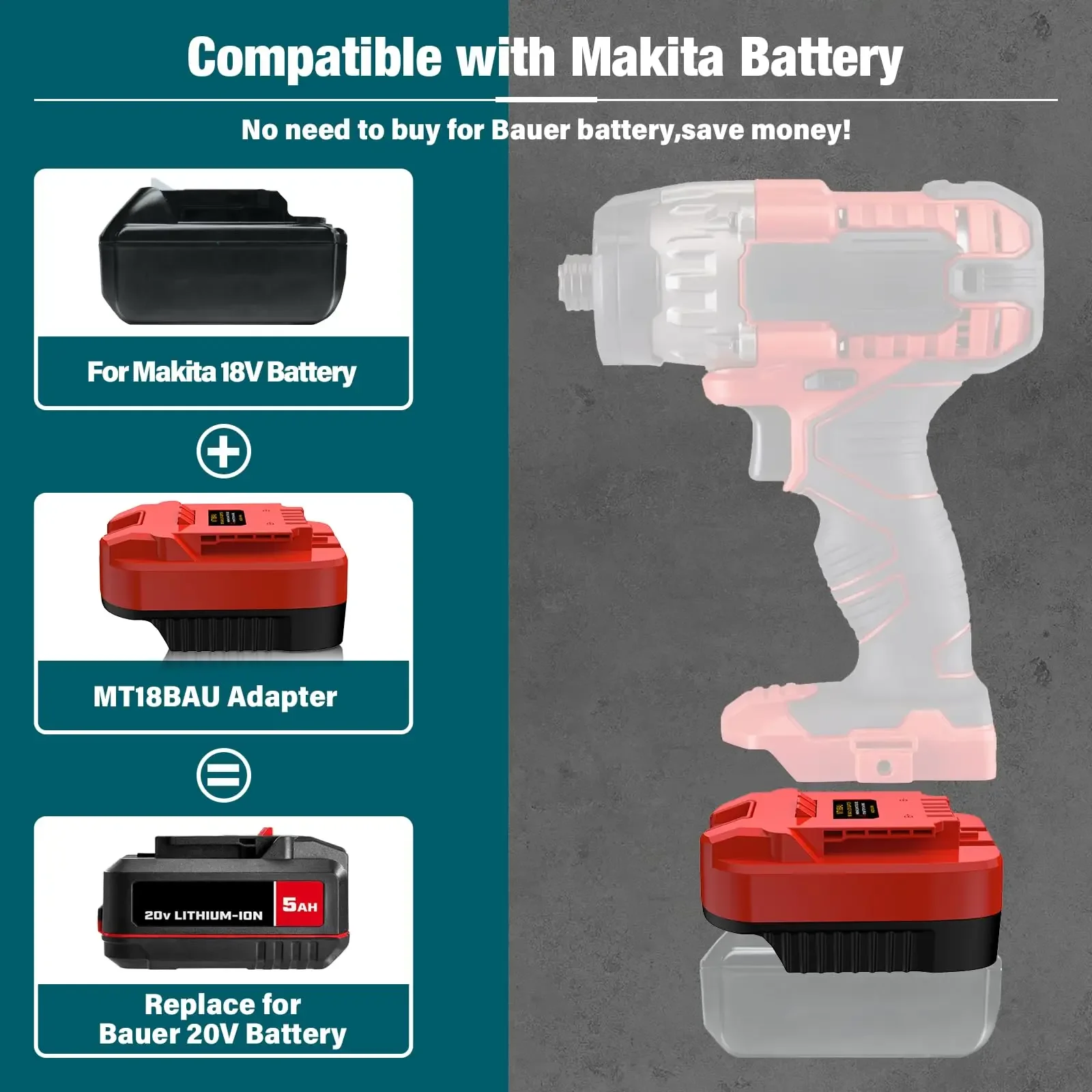 Convertitore MT18BAU per strumenti Bauer 20v, adattatore per batteria agli ioni di litio Makita 18v Converti in per trapano elettrico a batteria agli ioni di litio Bauer 20v