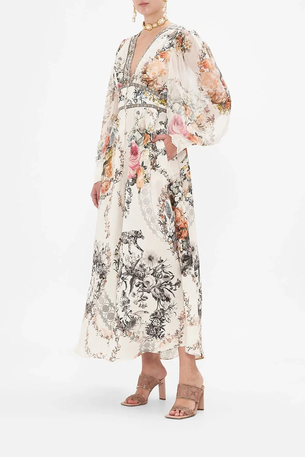 Flower Print Women's Silk Linen Long Dress Heavy Beaded V-Neck Elastic Waist Long Sleeve Single Breasted Elegant Ladies Robe