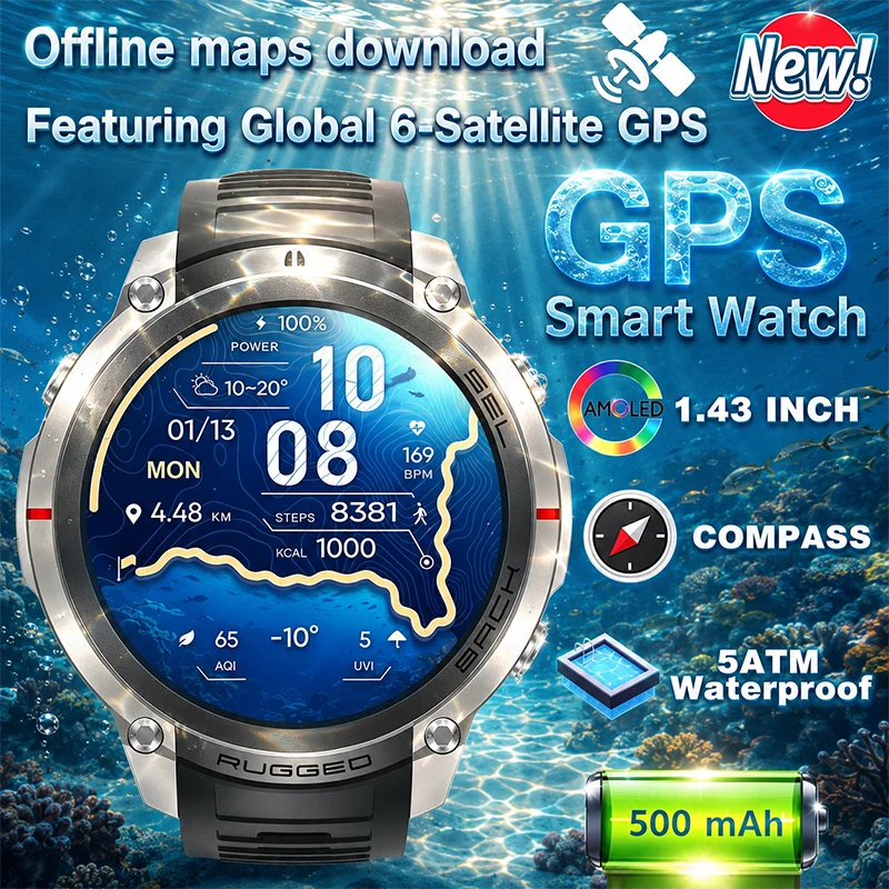 Nouvelle montre connectée GPS DM59 6 satellites 2026, étanche 5ATM, 500 mAh, écran AMOLED HD 1,43 pouces, appels Bluetooth, pour sports de plein air, pour hommes