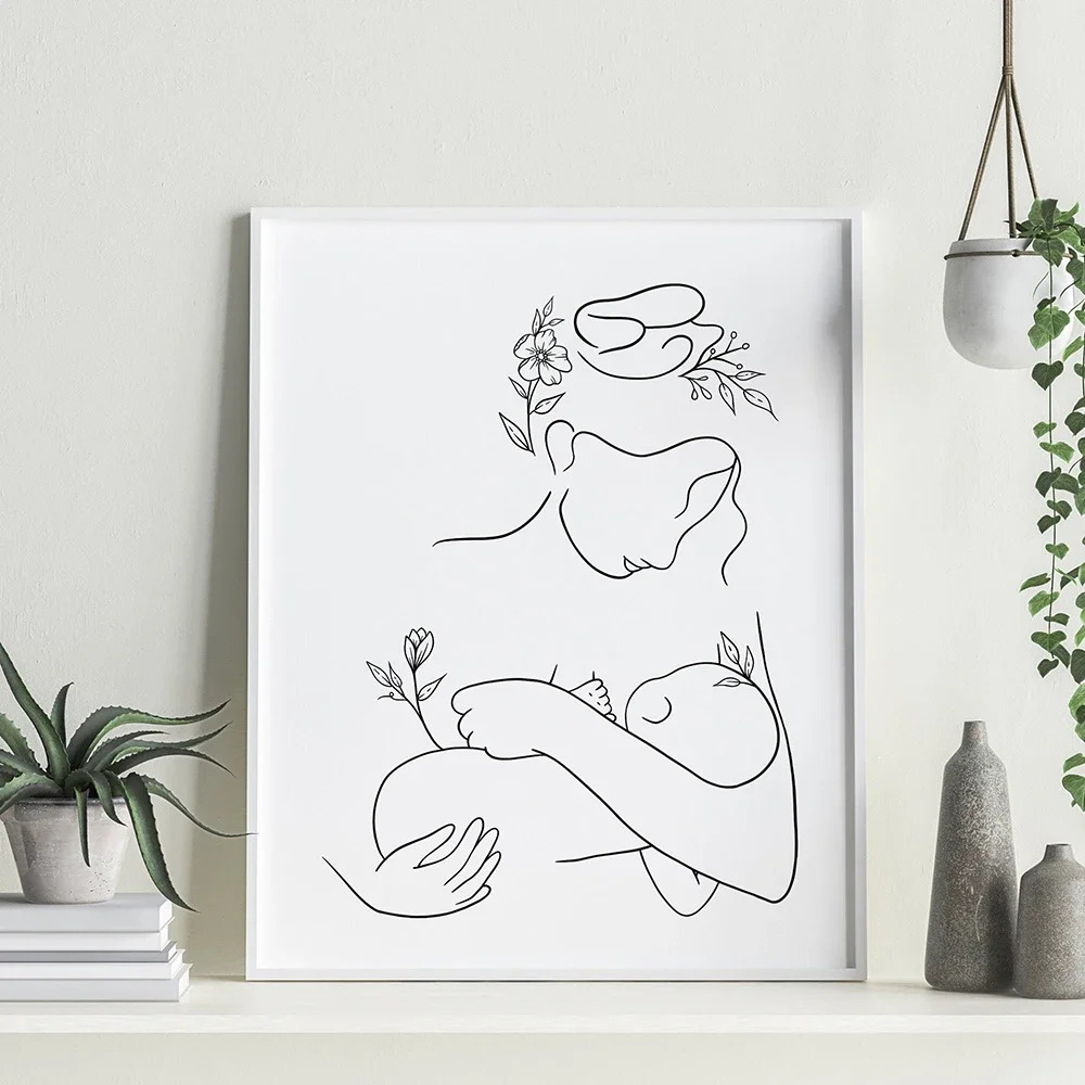 Mom and Baby Child Art Line Family Poster Mother Breastfeeding Wall Art Canvas Print Painting Nursery Decorative Picture Artwork