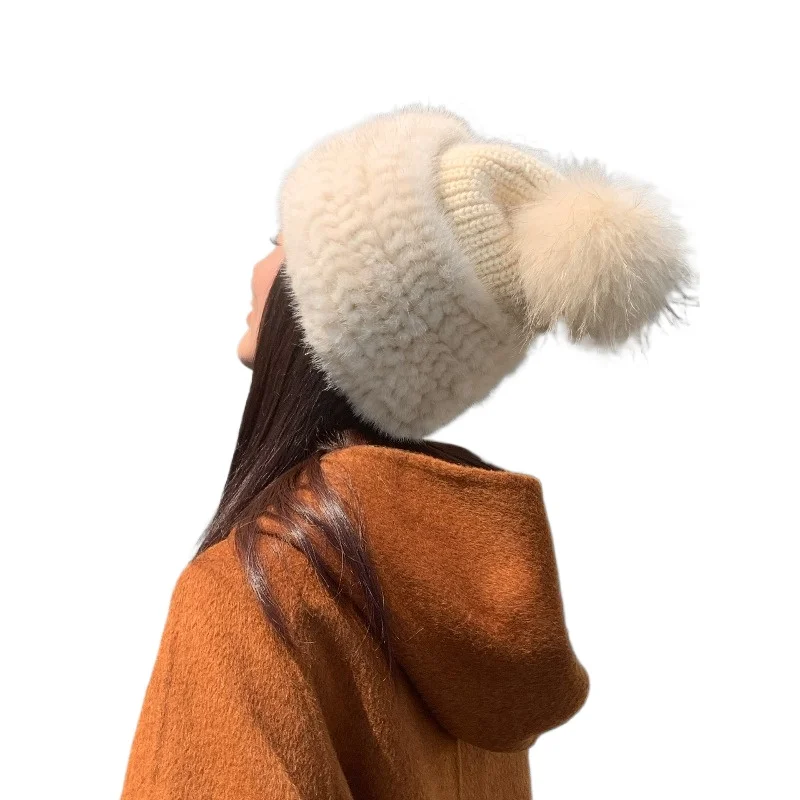 

Осенне-зимняя новая норковая шапка, женская утолщенная теплая повседневная универсальная вязаная милая шапка с меховыми ушками из норки