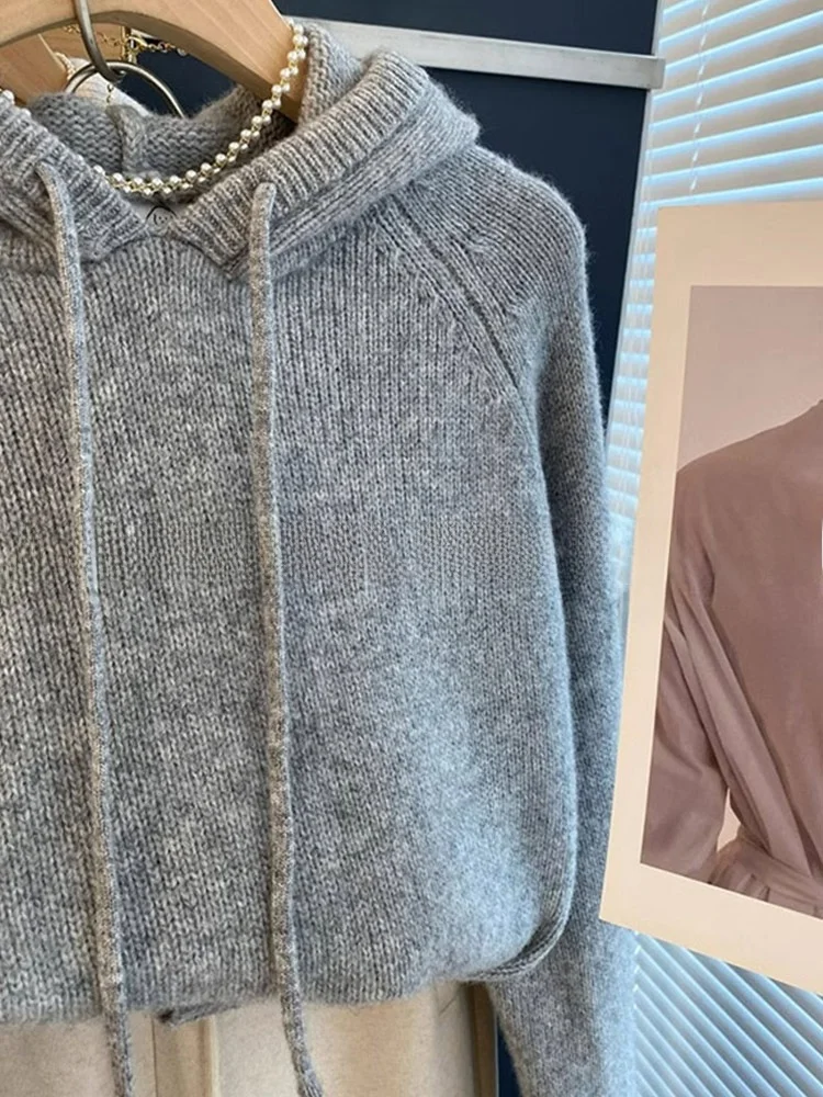 Cómoda suéter con capucha de Color puro Dstring largo Sve Overhead Simple coreano Sle adelgazante Top de punto para mujer