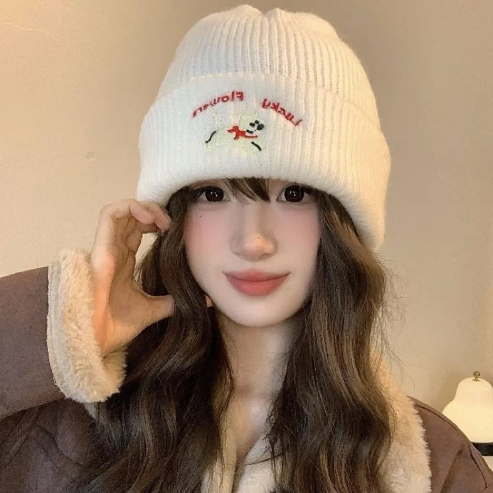 Fashion Puppy Embroidery Winter Knitted Hat Thicken Winter Warm Beanie Cap Windproof Soft Crochet Bonnet Hat